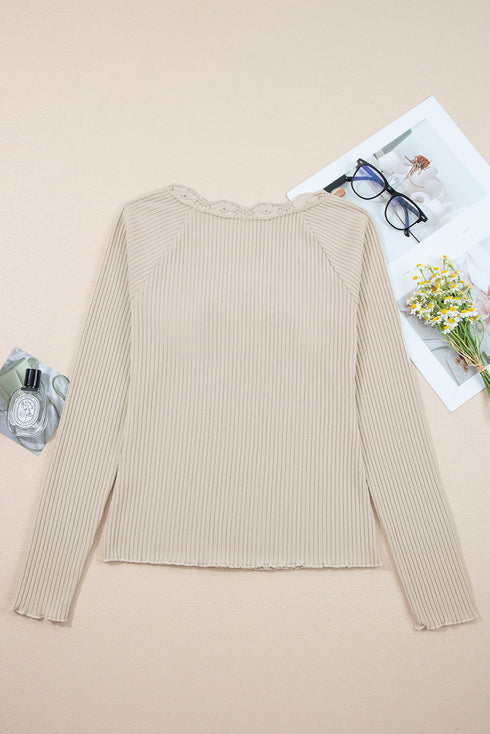 Lace Trim Button Henley Lettuce Edge Ribbed Top